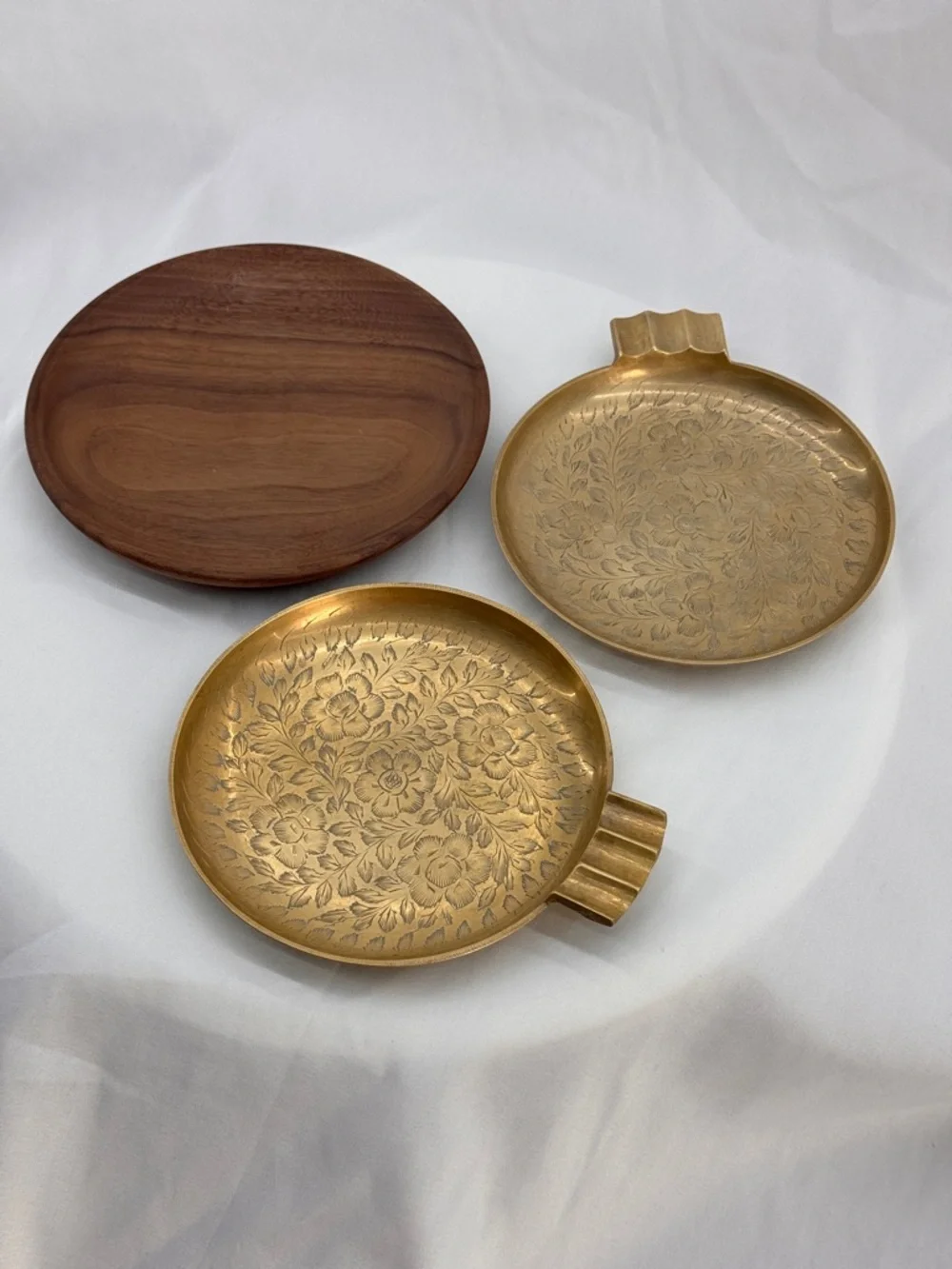 MCM Boho Decor Vintage Etched Brass Floral Ashtray & Walnut Wood Trinket Dish